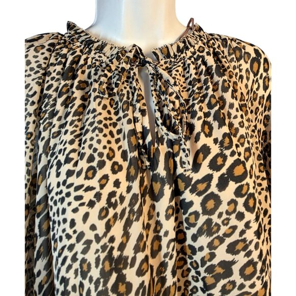 Studio A Leopard Babydoll Tiered Dress M 8–10 Long Sleeve Tie Neck Boho - Picture 2 of 8